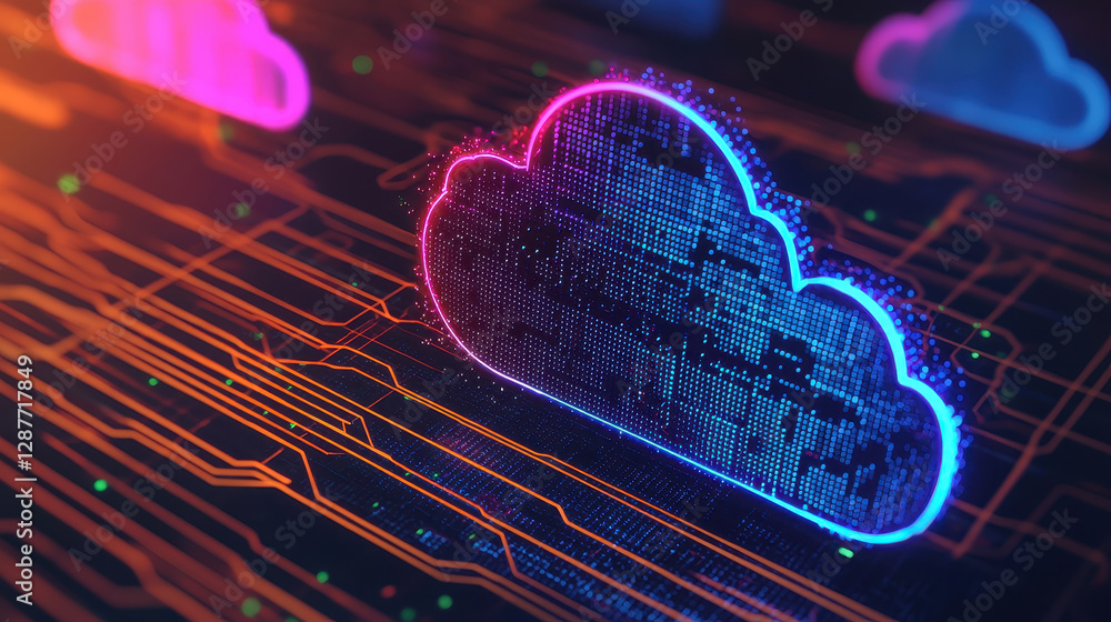 Poster cloud storage globalization communication network digital cloud icon with glowing lines and circuits