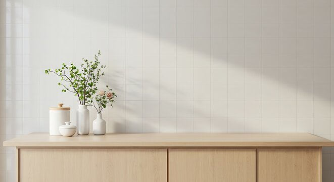 Japan style with bright wood counter and gloss tile wall with vase plant flower bowl Kitchen interior