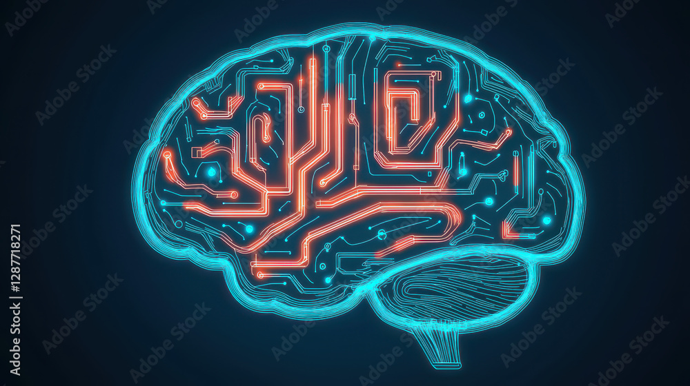 Poster cloud storage globalization communication network digital brain with circuit patterns, representing 