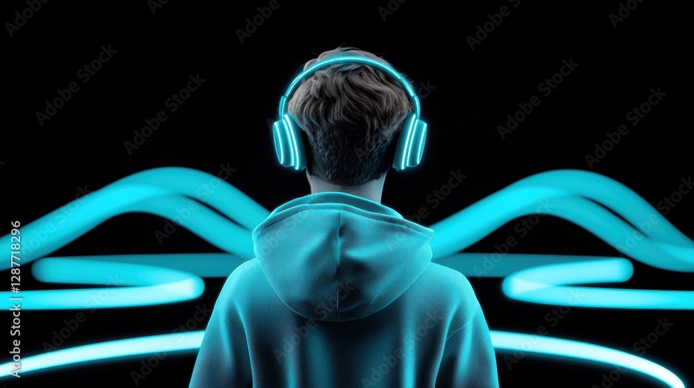 Poster a futuristic image of a person interacting with sound waves using holographic interfaces, highlighti