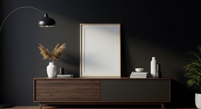 Mockup frame on cabinet in living room interior on empty dark wall background,3D rendering