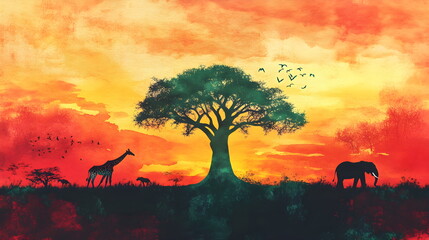 Watercolor Illustration of an African Savanna at Sunset &ndash; A Majestic Baobab Tree, Silhouettes of a Giraffe and Elephant, Soft Red, Yellow, and Green Hues Blending into the Sky, with Subtle Tribal