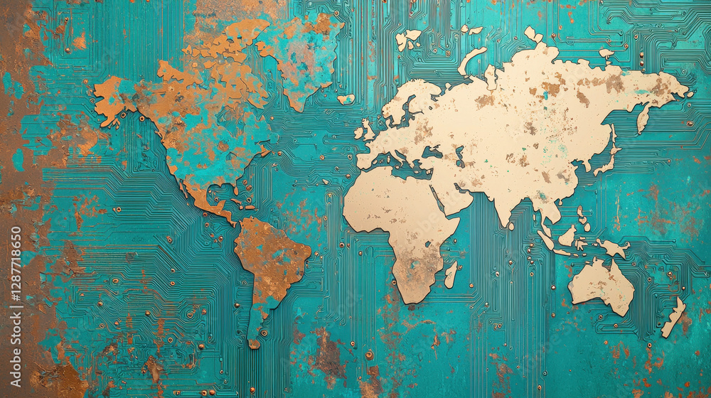 Poster cloud storage globalization communication network textured world map design with circuit board backg