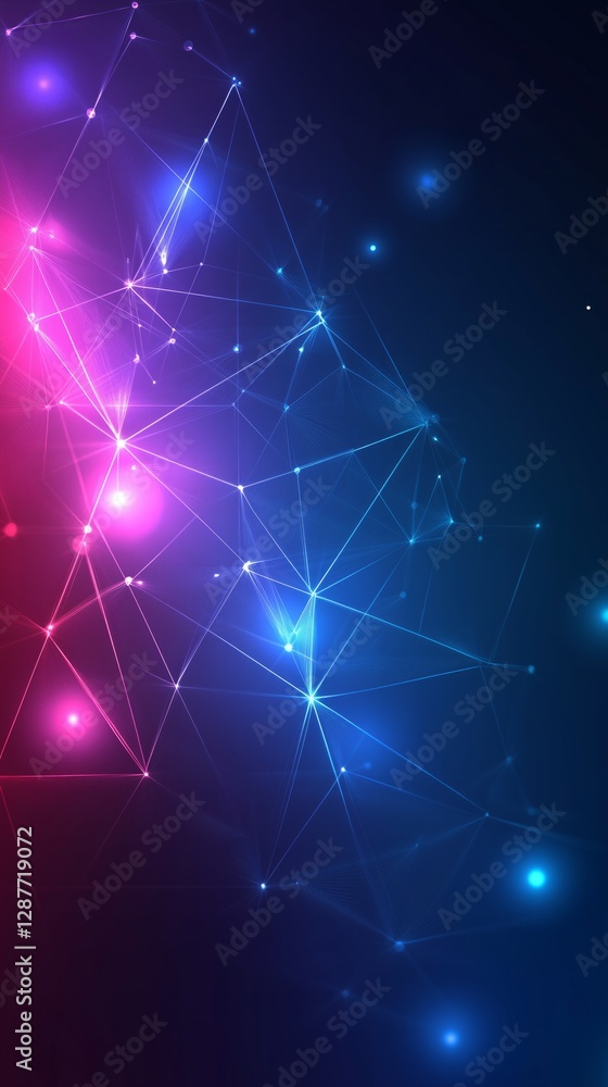 Poster plexus network mesh glowing in blue and pink representing global communication