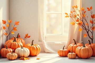 Fototapeta premium Autumnal Still Life with Pumpkins and Maple Branches by a Sunlit Window