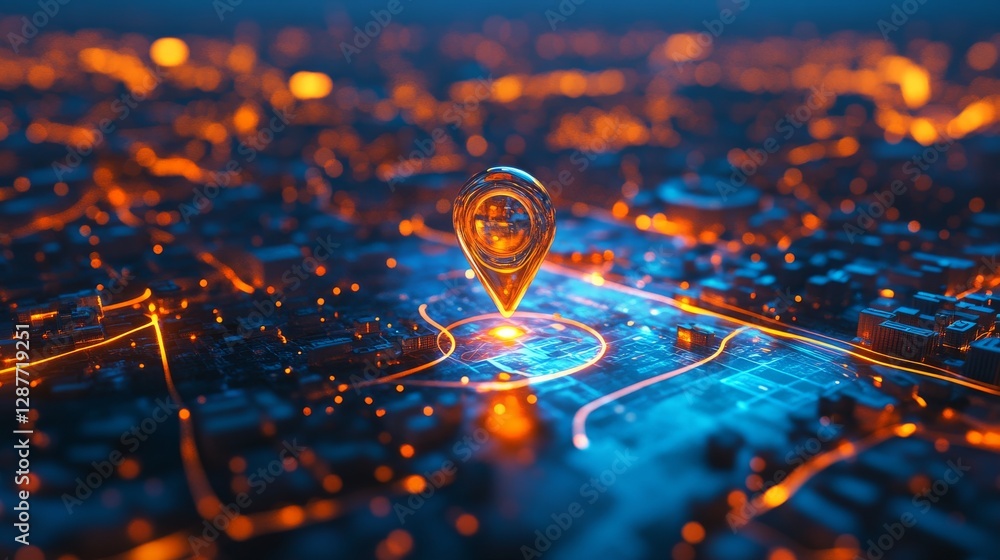 Aufkleber digital city map with glowing orange and blue hues featuring a 3d location pin symbol at the center.