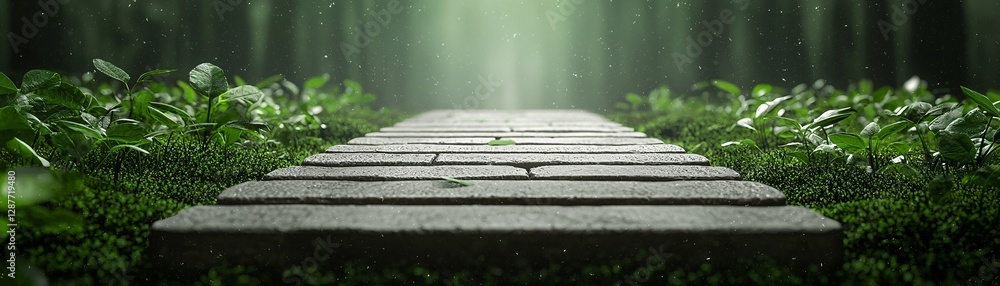 Poster a forest path where every step triggers interactive digital foliage, glowing leaves responding to mo