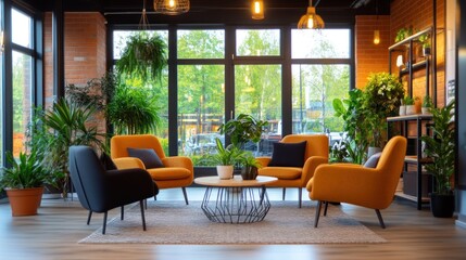 Obraz premium Modern waiting area with orange armchairs, plants, and large windows.