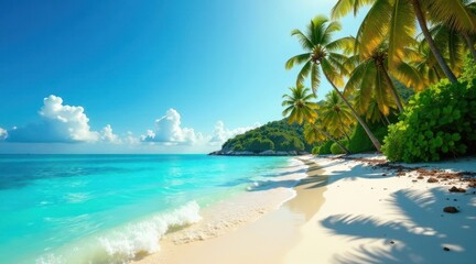 Serene tropical beach scene showcasing pristine white sand, turquoise water, and lush palm trees casting shadows on the shore under a vibrant blue sky.