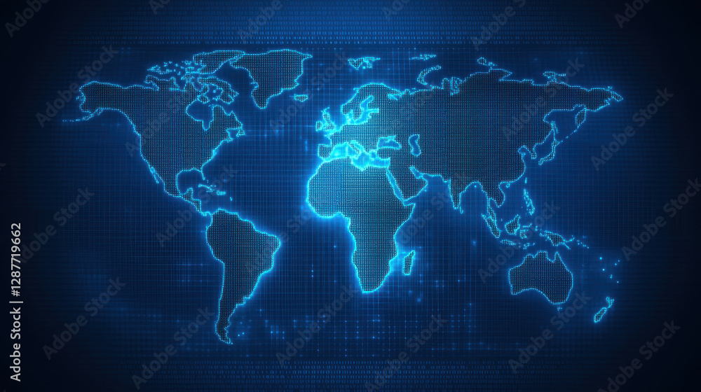 Poster cloud storage globalization communication network digital world map with glowing blue lines and grid