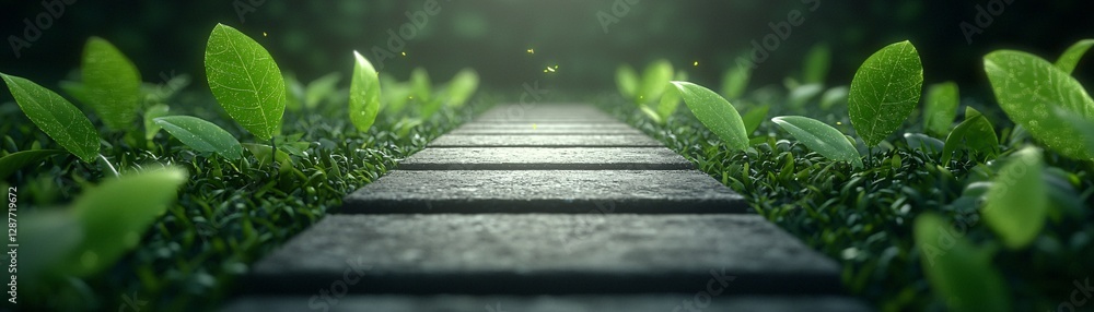 Poster a forest path where every step triggers interactive digital foliage, glowing leaves responding to mo
