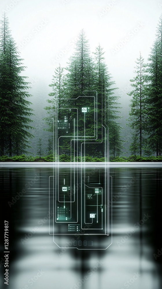 Poster a tranquil lake with a digital interface overlaying its surface, real-time data visualizations of wa