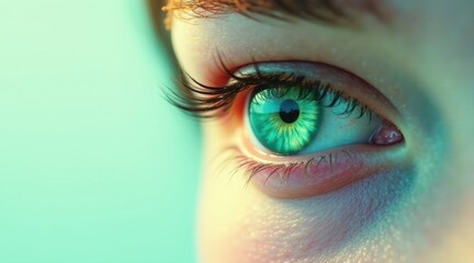 Fototapeta premium Close-up view of a vibrant green eye, showcasing intricate details of the iris, pupil, and eyelashes against a soft, teal background.