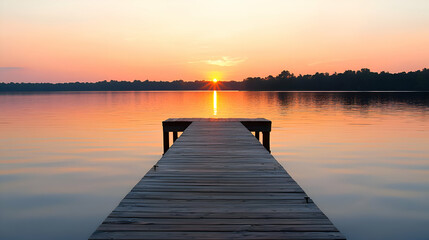 Obraz premium Serene Sunset over Calm Lake with Wooden Dock