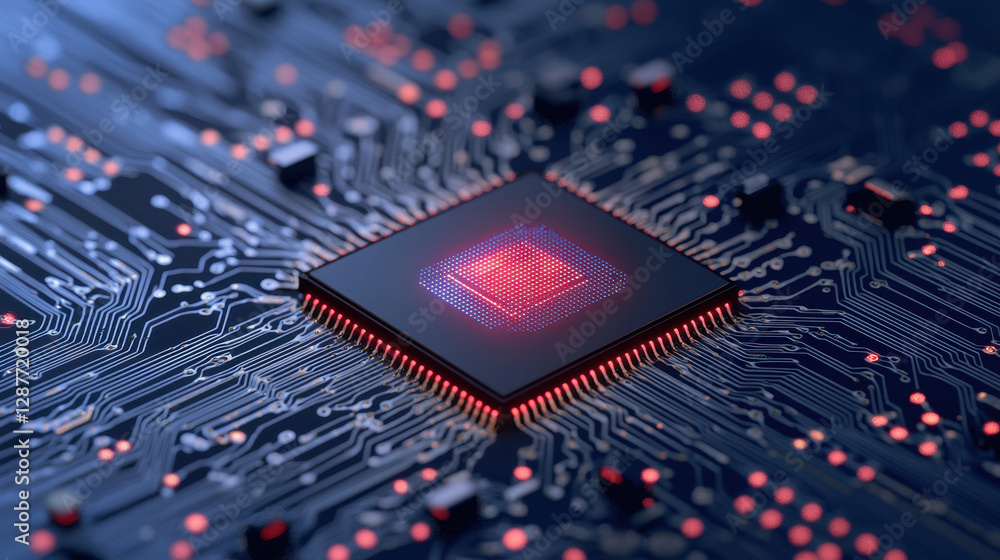 Poster cloud storage globalization communication network high tech microchip on circuit board with glowing 