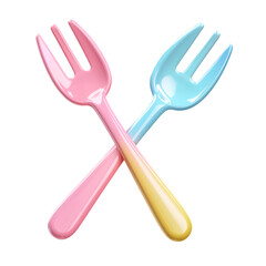 Fototapeta premium A colorful plastic spoon and fork crossing each other, 3D icon style, transparent background 