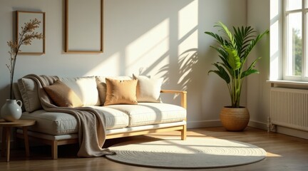 Obraz premium Sunlight streams through a window illuminating a minimalist living room featuring a light beige sofa with warm-toned throw pillows and blanket, complemented by a potted plant and round rug.