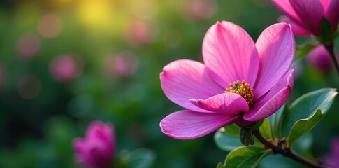 Bright violet magnolia flowers in full bloom with green leaves, petals, garden