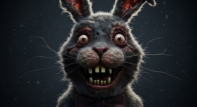 Close up view of a scary looking rabbit character