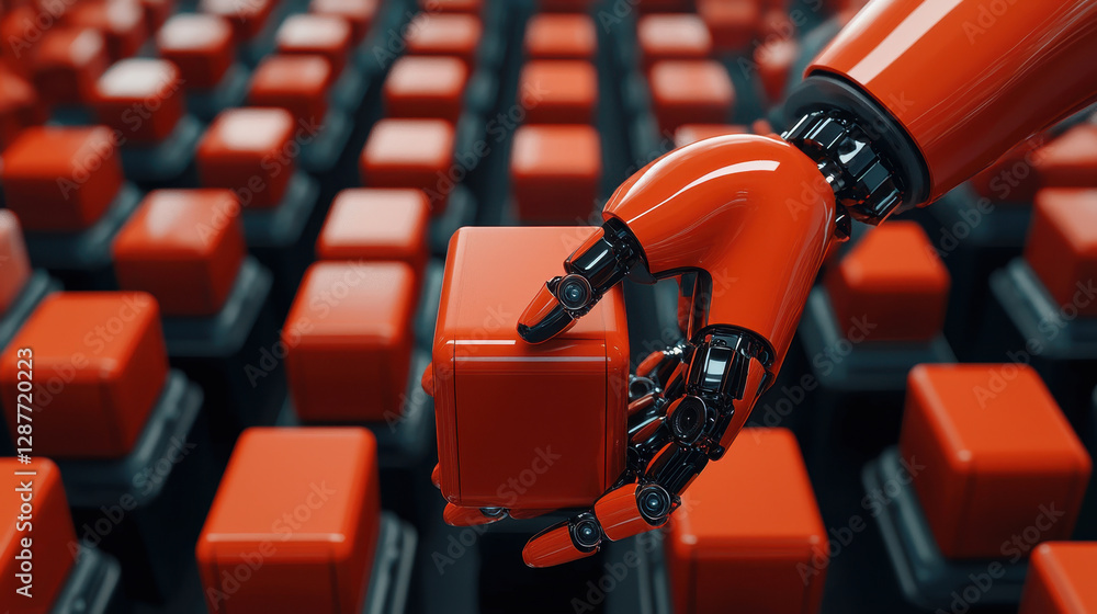 Poster cloud storage globalization communication network robotic hand holding red cube among many red cubes