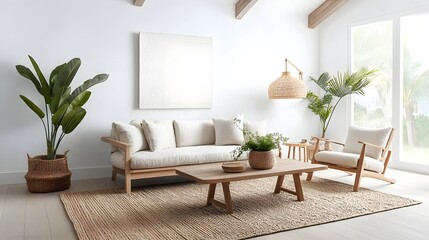 Bright and airy farmhouse inspired living space featuring whitewashed wood beams  a plush linen couch and armchair  a vintage inspired coffee table  a woven area rug  and potted greenery for a cozy