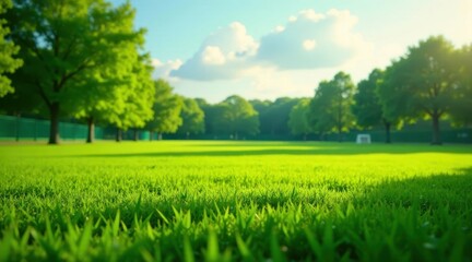 Lush Green Meadow in a Sunny Park with Trees in the Background