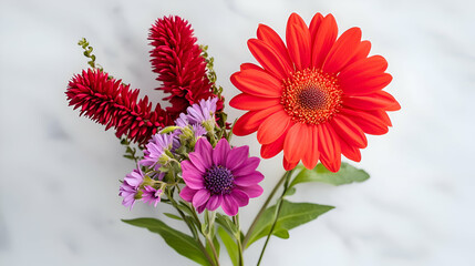 Vibrant Red Gerbera and Purple Flowers Bouquet on Marble Background