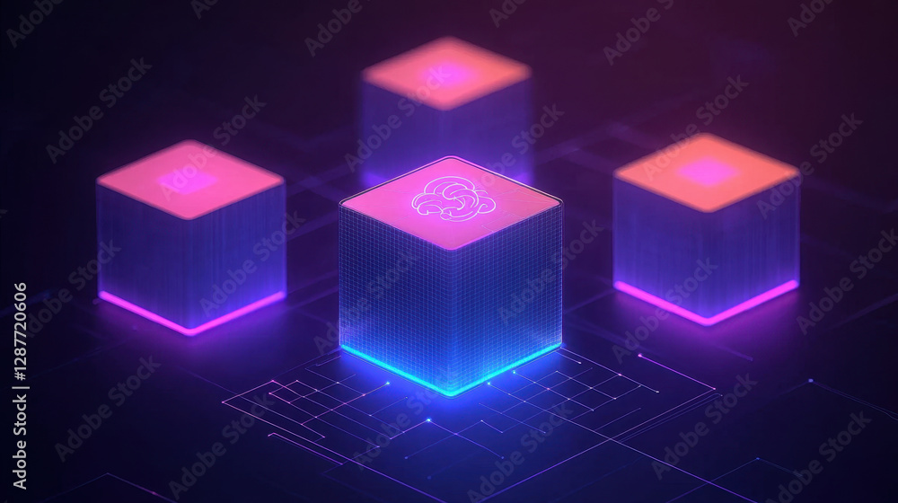 Poster cloud storage globalization communication network digital cubes with glowing edges and futuristic de