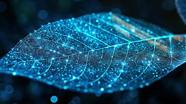 A glowing, digital representation of a leaf displaying intricate networks and luminous points of light.