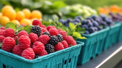 A farmers market stall overflowing with a rainbow of fresh produce, from vibrant berries to leafy greens and colorful peppers, emphasizing the variety and availability of vitamin rich foods.