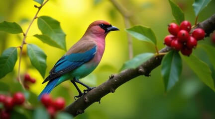 Obraz premium A vibrant bird with azure wings perched on a branch laden with ripe red berries, a captivating scene of nature's artistry
