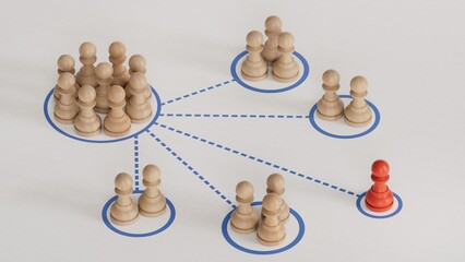 Obraz premium 3D illustration of many pawns segmented in different categories. concept of customer segmentation.Made and rendered in C4D, not AI.