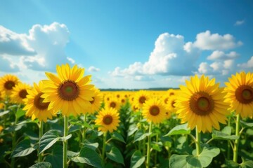 Fototapeta premium Vibrant Sunflower Field Basking in Summer Sunshine, a Serene Landscape of Golden Blooms Under a Blue Sky with Puffy White Clouds
