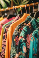 Obraz premium A beautiful arrangement of floral-themed shirts on hangers, capturing the essence of nature and summer vibes.