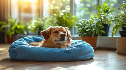 Dog relaxing in bed with plants and sunlight indoors for home or veterinary use