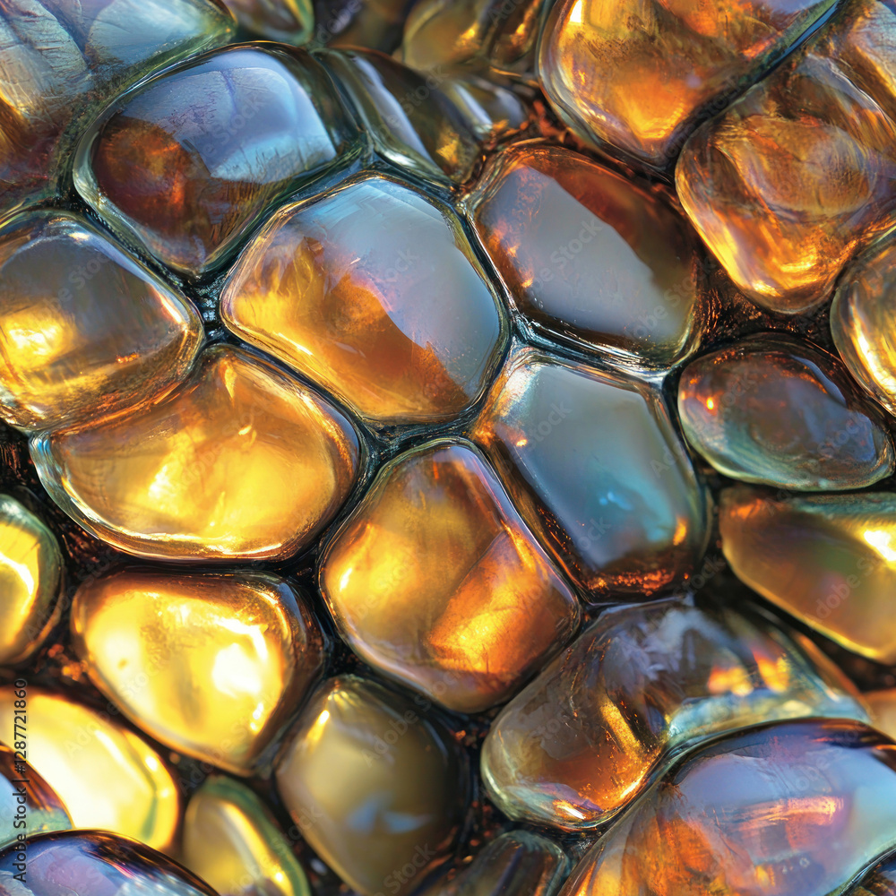 Poster amber iridescent stones reflecting light, creating a shimmering, mesmerizing abstract background. se
