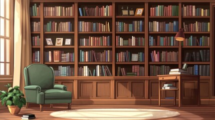 Library interior with bookshelves and armchair, sunny day, reading room, quiet atmosphere, home, study, peaceful