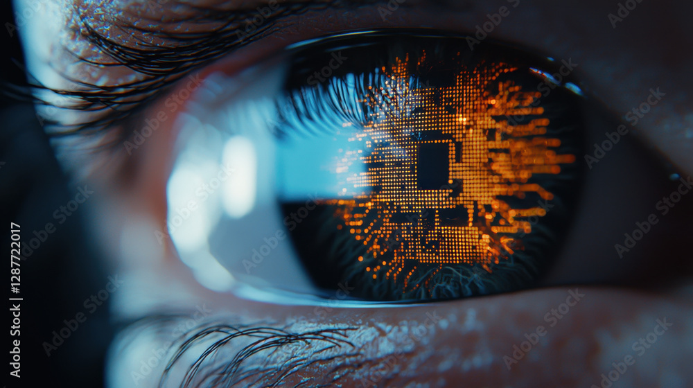 Poster cloud storage globalization communication network close up of eye with digital circuit patterns refl