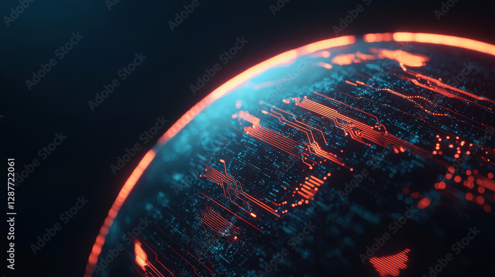 Poster cloud storage globalization communication network digital globe with glowing circuits and data patte