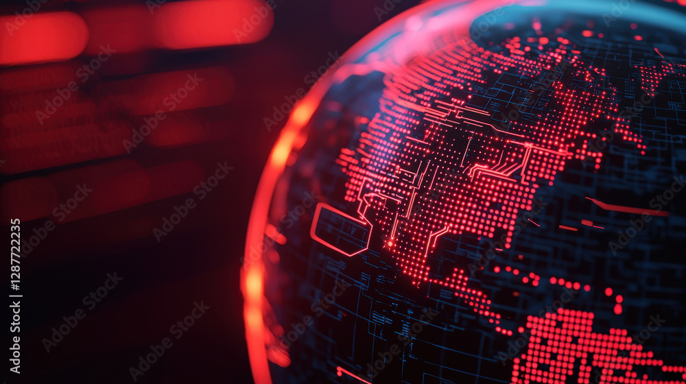 Poster cloud storage globalization communication network digital globe with red circuit patterns, represent