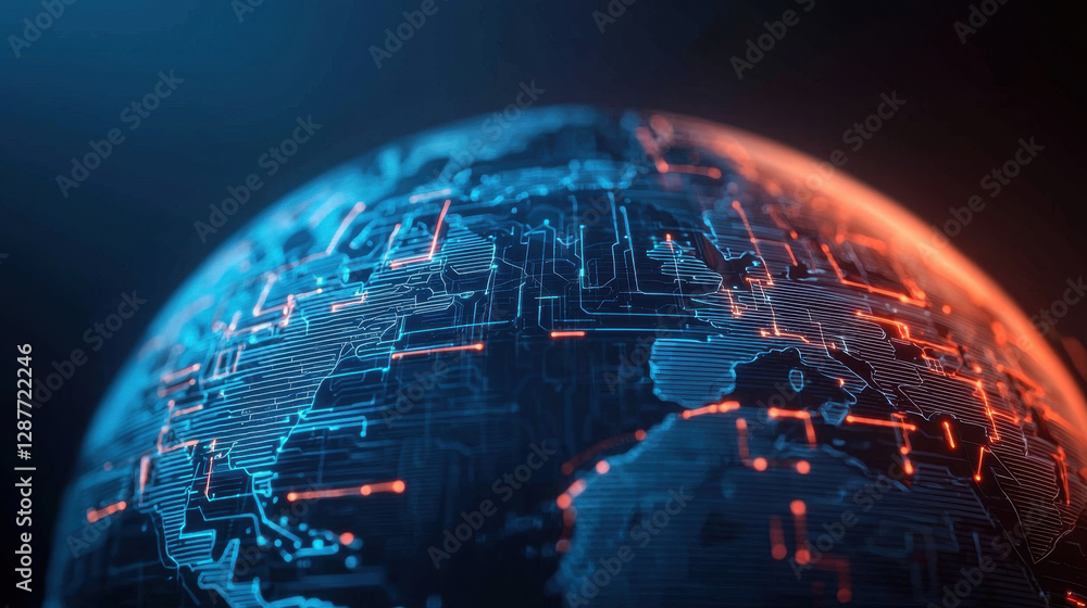 Poster cloud storage globalization communication network digital globe with circuit patterns in blue and or