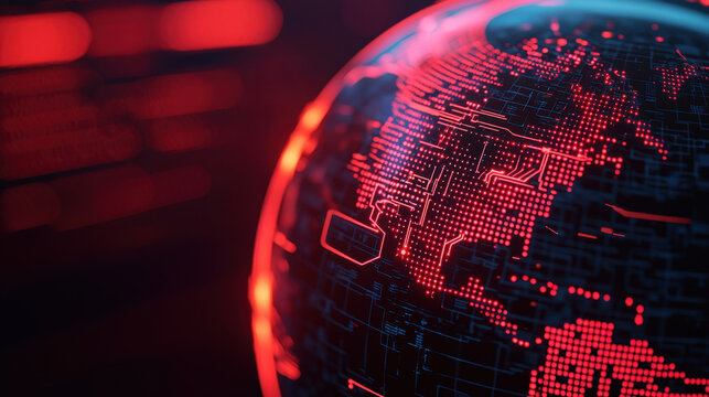 Cloud storage Globalization communication network Digital globe with red circuit patterns, representing technology and connectivity
