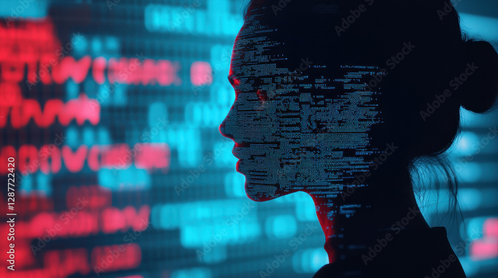 Aufkleber cloud storage globalization communication network digital silhouette of woman with binary code overl