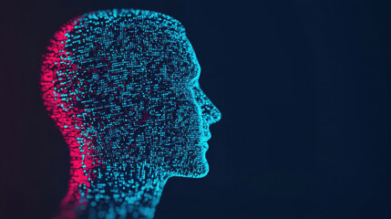 Cloud storage Globalization communication network Digital human silhouette with glowing particles in blue and red tones