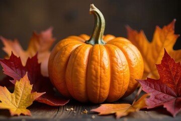A vibrant autumn still life featuring a small pumpkin nestled amongst colorful fallen leaves on a rustic wooden surface.