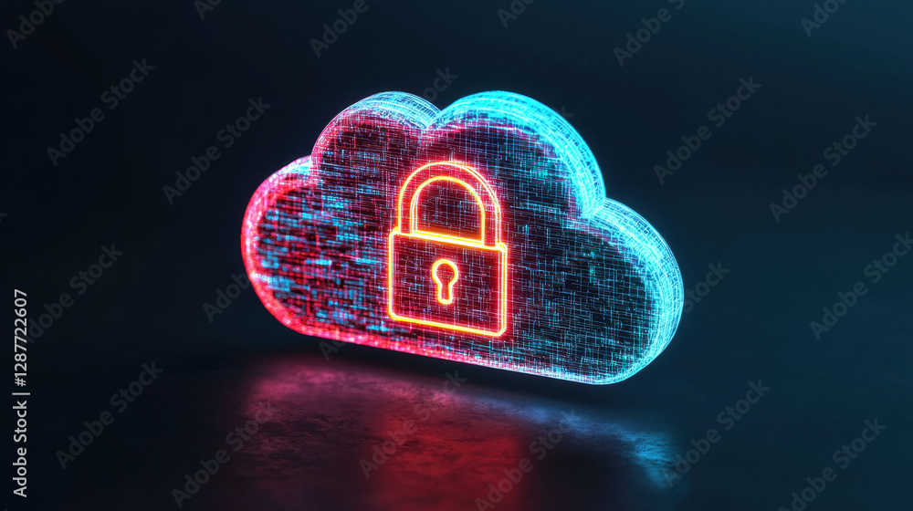 Poster cloud storage globalization communication network digital cloud with padlock symbol representing sec