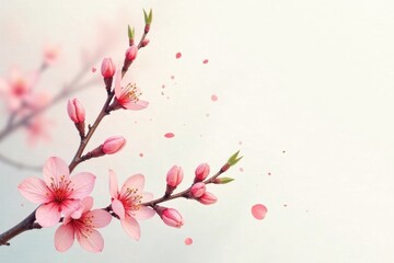 Fototapeta premium Delicate Pink Blossoms on Branch with Falling Petals, a Symbol of Springtime Renewal and Natural Beauty