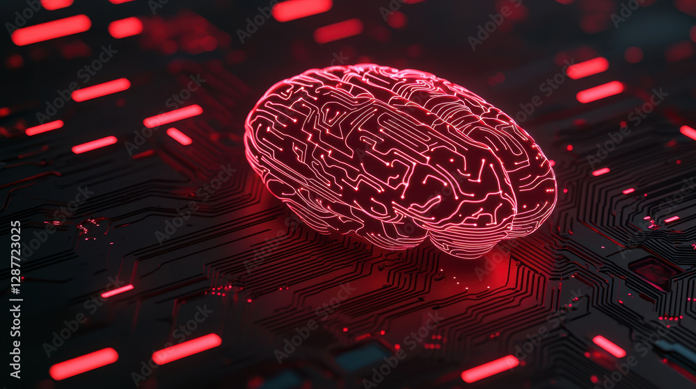 Poster cloud storage globalization communication network digital brain with circuit patterns glowing in red