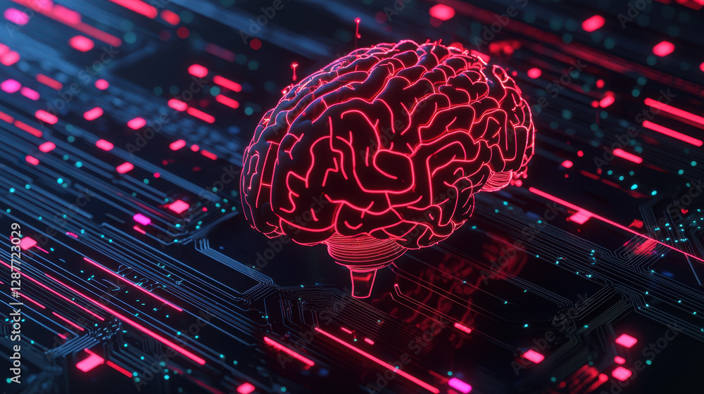 Aufkleber cloud storage globalization communication network digital brain on circuit board with neon lights, r