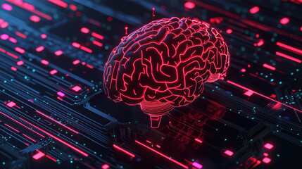 Obraz premium Cloud storage Globalization communication network Digital brain on circuit board with neon lights, representing technology and AI